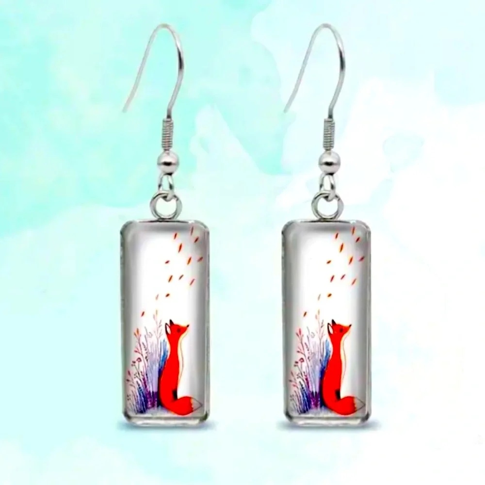 🦊 Spring Fox rectangle drop earrings dangle flower silver NEW - Picture 1 of 2